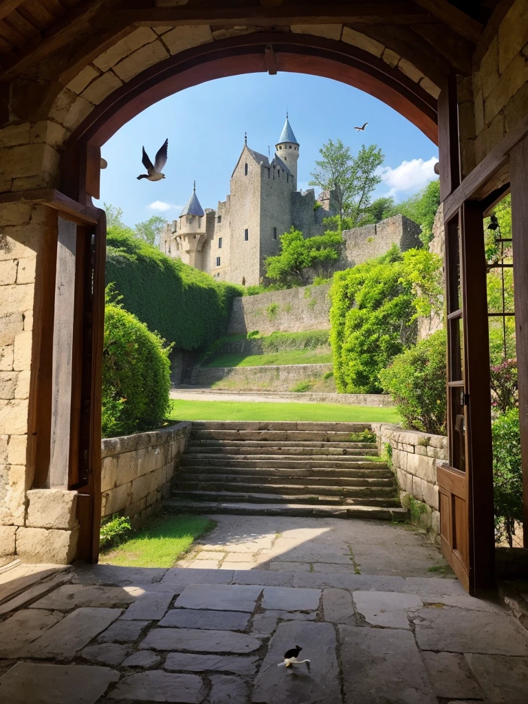 Ancient castle、summer、Many birds are flying、petal