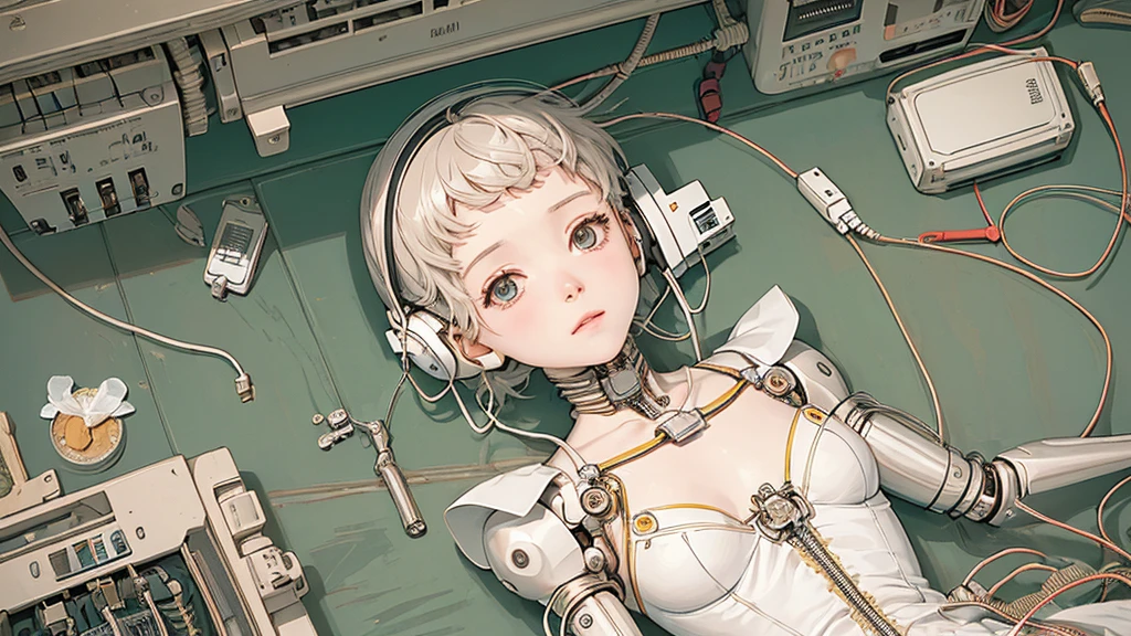 (((masterpiece))), (((highest quality))), ((Very detailed)), (Highly detailed CG illustrations), ((Very delicate and beautiful)),(Cute and delicate face),Light,((1. Machine Girl)),alone,whole body,(Machine made joints:1.4),((Mechanical Limbs)),(Muscles swell),(The vessel is connected to the tube),(Brain in a container:1.3),((Mechanical vertebrae attached to the back)),((Mechanical cervical spine attached to the neck)),((Sitting)),poker face,(Wires and cables attached to head and body:1.5),Small breasts,short hair,(Character Focus),sf,Lying down,Forehead out