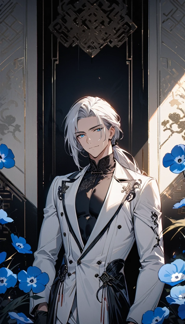 (masterpiece:1.5),best quality,(1 Handsome man),alone,white medium length hair,Low ponytail,(blue eyes), (A soft smile),elegant,perfect face,Fantasy Chinese style,Long black trench coat,white and blue cloth,Complex clothing design with Chinese elements,Black leather gloves,white lining,White suit pants,Slightly muscular body,High,8K,Beautiful contrast of light and shadow,Dark luxury background,(complete upper body),Positive face,((Nemophila)),luxury screen,blue flowers