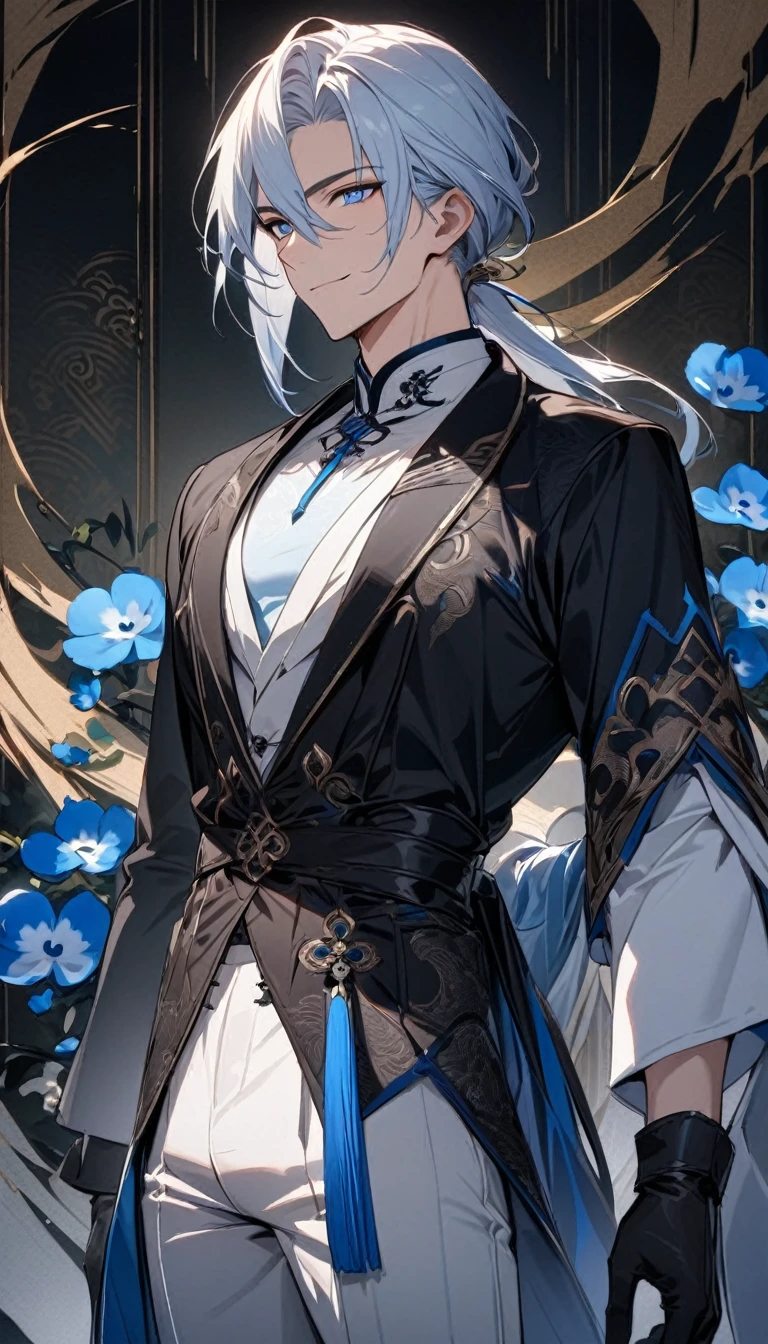 (masterpiece:1.5)，best quality，(1 Handsome man)，alone，white medium length hair，Low ponytail，(blue eyes), (A soft smile)，elegant，perfect face，Fantasy Chinese style，Long black trench coat，white and blue cloth，Complex clothing design with Chinese elements，Black leather gloves，white lining，White suit pants，Slightly muscular body，High，8K，Beautiful contrast of light and shadow，Dark luxury background，(complete upper body)，Positive face，((Nemophila))，luxury screen，blue flowers