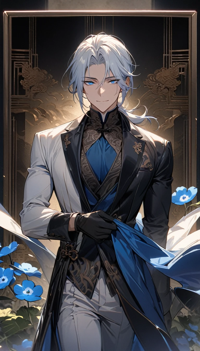 (masterpiece:1.5)，best quality，(1 Handsome man)，alone，white medium length hair，Low ponytail，(blue eyes), (A soft smile)，elegant，perfect face，Fantasy Chinese style，Long black trench coat，white and blue cloth，Complex clothing design with Chinese elements，Black leather gloves，white lining，White suit pants，Slightly muscular body，High，8K，Beautiful contrast of light and shadow，Dark luxury background，(complete upper body)，Positive face，((Nemophila))，luxury screen，blue flowers