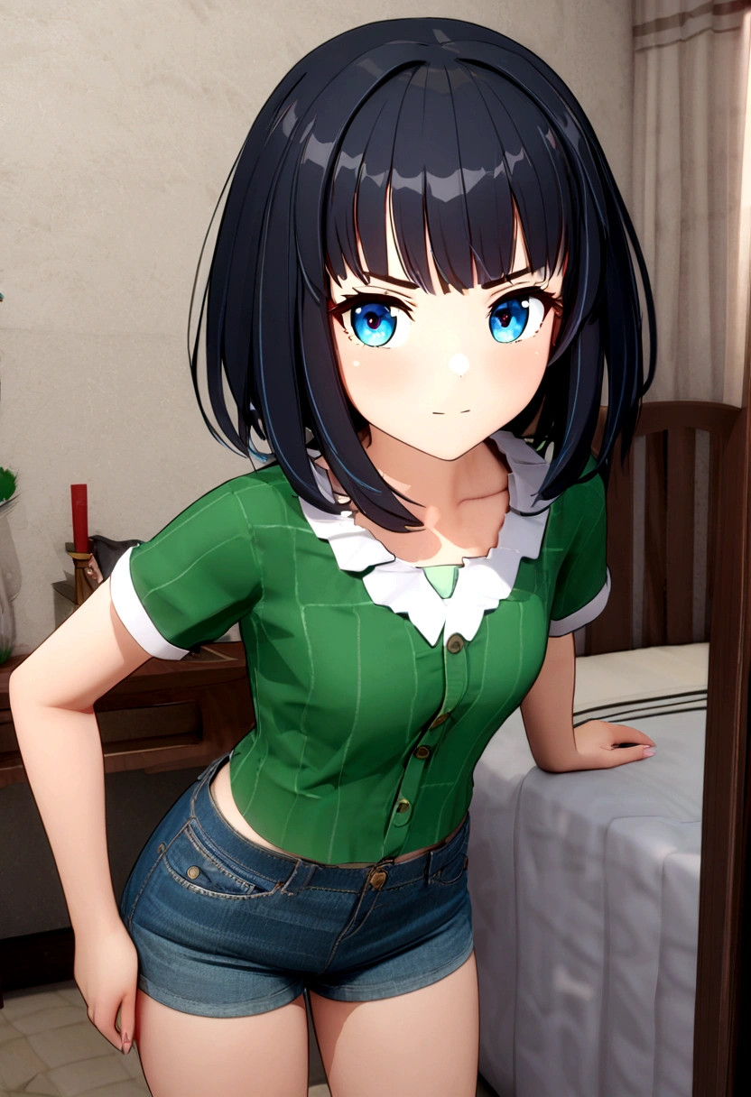 (1girl:1.3) , (sentada:1.2) , encima da cama, Panoramic view, pose v gest, anime, fofa, claymotion, 3d, (melhor qualidade:1.2) , (highres:1.2), nitidez, shorts vermelho, blusa branca, pele clara, looking at the camera, forehead, short hair, (black hair with green color on top:1.1), ((Billie eilish)), 8k, quarto feminino, bem iluminado