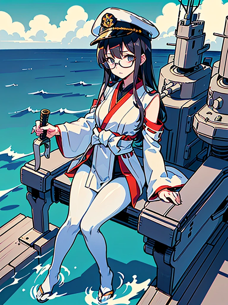 ((((Full body of a woman with perfect flat chest、Short, unkempt black hair、white military jacket、Miko costume、tights、Black glasses、White military cap、Cloudy eyes、Sleepy expression)))), (((masterpiece))), (((Shipgirl))), (Another woman hugging、Long purple hair、Messy Hair、Big Breasts、Miko costume), ((Floating on the morning sea with both feet)), (Spread your legs wide open), (Holding a Japanese sword in his right hand), (Mechanical arms extending from the waist are used to equip the ship with battleship equipment.), (Equipped with a turret on the back), (Holds the turret with his left arm), Torpedo tubes on thighs, Spreading the Machine&#39;s Wings, Machine tail,  shotgun, 