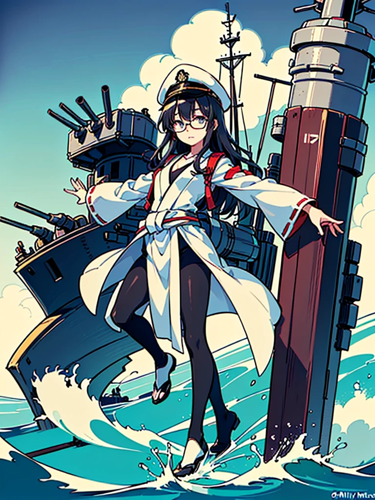 ((((Full body of a woman with perfect flat chest、Short, unkempt black hair、white military jacket、Miko costume、tights、Black glasses、White military cap、Cloudy eyes、Sleepy expression)))), (((masterpiece))), (((Shipgirl))), (Another woman hugging、Long purple hair、Messy Hair、Big Breasts、Miko costume), ((Floating on the morning sea with both feet)), (Spread your legs wide open), (Holding a Japanese sword in his right hand), (Mechanical arms extending from the waist are used to equip the ship with battleship equipment.), (Equipped with a turret on the back), (Holds the turret with his left arm), Torpedo tubes on thighs, Spreading the Machine&#39;s Wings, Machine tail,  shotgun, 