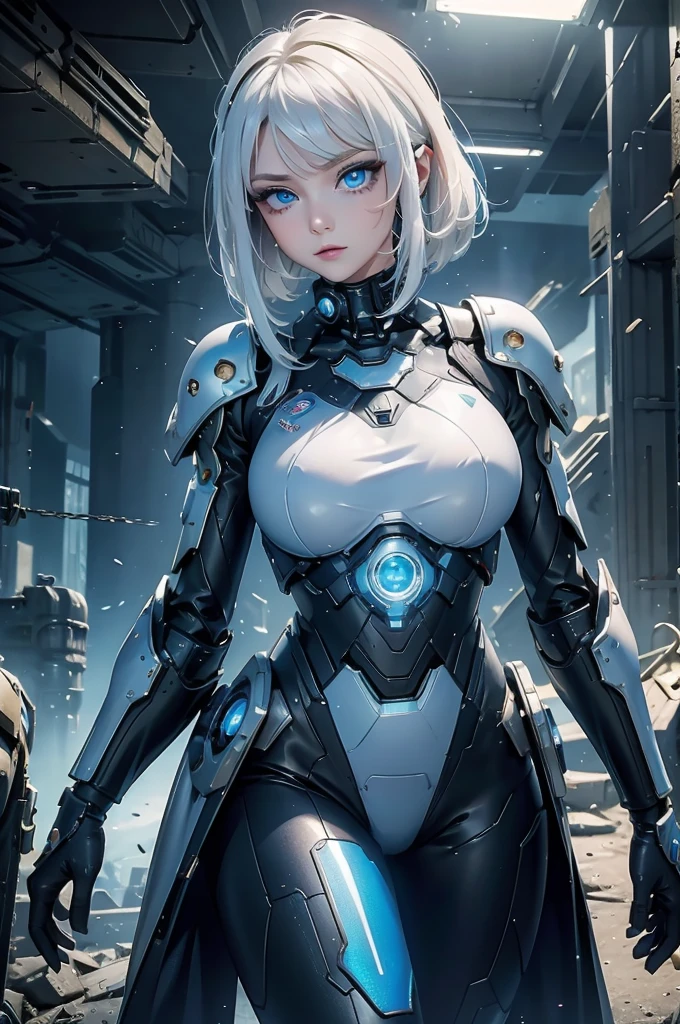 ((Cyberpunk women images))，Dynamic pose、(masterpiece:1.4, highest quality, Dutch Angle)(One girl, alone)（White hair that changes with the light、Smooth and straight hair、WHITE hair fluttering in the wind）、（beautiful, Glowing Skin、Cheek gloss highlighter、Sexy and very beautiful and adorable face、世界で最もbeautiful顔、big, Sparkling blue eyes）、（Cute 25 year old girl、Ample breasts、Narrow waist、Delicate shoulders、Perfect figure）（Overall dark、Abandoned futuristic city、End of the Century World、Traces of war、Caves、ruins）(Futuristic combat suit、Battle Armor、Highly decorated battle suit)