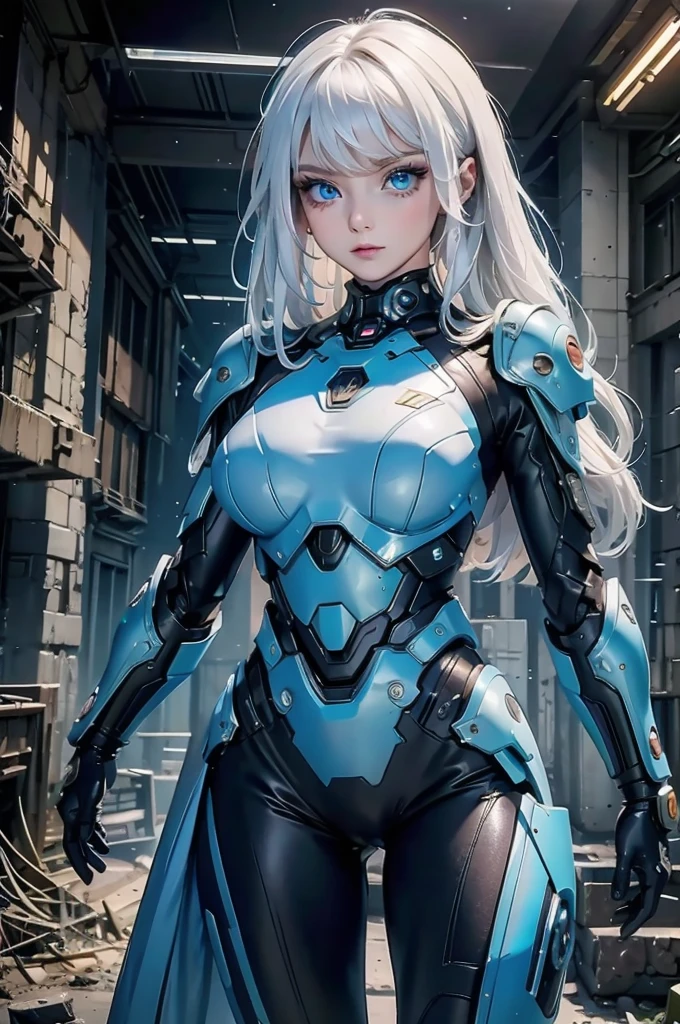 ((Cyberpunk women images))，Dynamic pose、(masterpiece:1.4, highest quality, Dutch Angle)(One girl, alone)（White hair that changes with the light、Smooth and straight hair、WHITE hair fluttering in the wind）、（beautiful, Glowing Skin、Cheek gloss highlighter、Sexy and very beautiful and adorable face、世界で最もbeautiful顔、big, Sparkling blue eyes）、（Cute 25 year old girl、Ample breasts、Narrow waist、Delicate shoulders、Perfect figure）（Overall dark、Abandoned futuristic city、End of the Century World、Traces of war、Caves、ruins）(Futuristic combat suit、Battle Armor、Highly decorated battle suit)