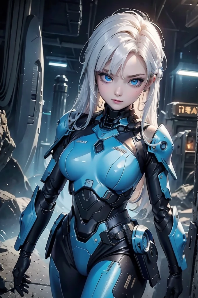 ((Cyberpunk women images))，Dynamic pose、(masterpiece:1.4, highest quality, Dutch Angle)(One girl, alone)（White hair that changes with the light、Smooth and straight hair、WHITE hair fluttering in the wind）、（beautiful, Glowing Skin、Cheek gloss highlighter、Sexy and very beautiful and adorable face、世界で最もbeautiful顔、big, Sparkling blue eyes）、（Cute 25 year old girl、Ample breasts、Narrow waist、Delicate shoulders、Perfect figure）（Overall dark、Abandoned futuristic city、End of the Century World、Traces of war、Caves、ruins）(Futuristic combat suit、Battle Armor、Highly decorated battle suit)