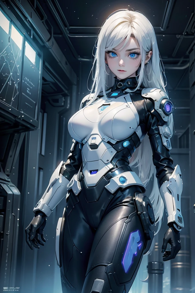 ((Cyberpunk women images))，Dynamic pose、(masterpiece:1.4, highest quality, Dutch Angle)(One girl, alone)（White hair that changes with the light、Smooth and straight hair、WHITE hair fluttering in the wind）、（beautiful, Glowing Skin、Cheek gloss highlighter、Sexy and very beautiful and adorable face、世界で最もbeautiful顔、big, Sparkling blue eyes）、（Cute 25 year old girl、Ample breasts、Narrow waist、Delicate shoulders、Perfect figure）（Overall dark、Abandoned futuristic city、End of the Century World、Traces of war、Caves、ruins）(Futuristic combat suit、Battle Armor、Highly decorated battle suit)