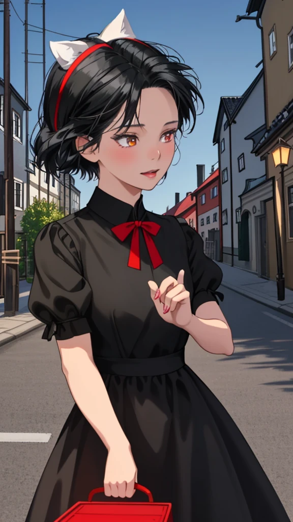 Ghibli-style animation. The Witch's Delivery Service. In the streets of Sweden. A girl. A black dress. Black hair. Short cut. A big red ribbon on her head. Cute face. Cute. High quality. 4K quality.