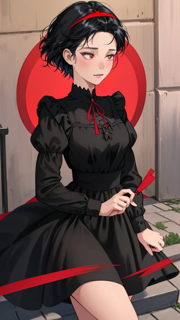 Ghibli-style animation. The Witch's Delivery Service. In the streets of Sweden. A girl. A black dress. Black hair. Short cut. A big red ribbon on her head. Cute face. Cute. High quality. 4K quality.