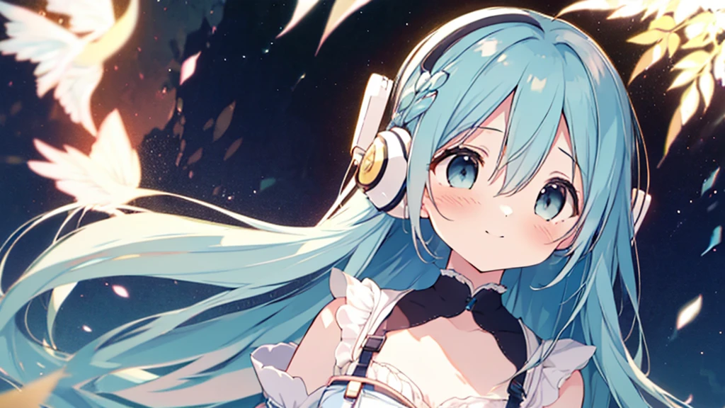 masterpiece, best quality, extremely detailed, (illustration, official art:1.1), 1 girl ,(((( light blue long hair)))), ,(((( light blue long hair)))),light blue hair, ,, long hair ((blush)) , cute face, big eyes, masterpiece, best quality,(((((a very delicate and beautiful girl))))),Amazing,beautiful detailed eyes,blunt bangs((((little delicate girl)))),tareme(true beautiful:1.2), sense of depth,dynamic angle,,,, affectionate smile, (true beautiful:1.2),(flat chest)), Tsundere　Female Main　Background is blurred　Draw only the upper body　Woman with blue hair　Style artwork of a lonely Gweiz wearing headphones、beautiful anime、 Alone　Gwythe、beautiful anime girl、beautiful anime girl、Anime girl with teal hair、anime style。8K、Bowater's Art Style、beautiful digital illustrations、beautiful character painting、Stunning Anime Face Portrait Mikudayo, official artwork, lofi girl, lofi artstyle,, halfbeak, anime atmosphere, Anime style mixed with Fujifilm, digital anime illustration, anime wallpaper 4k　Girl wearing headphones, starry sky　night view　girl looking at the starry sky　Crescent Moon
