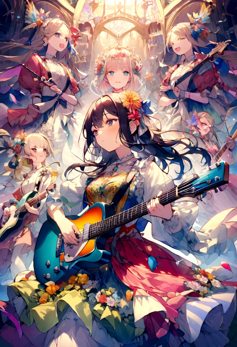Female Band、Vocalist in the center、Guitarist on the right、Bassist on the left、Drummer in the background、Four people are shown、Beautiful arrangement
