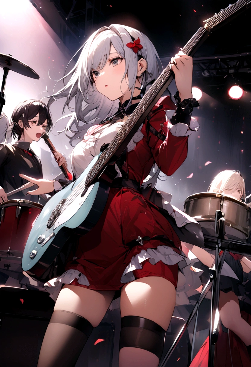 Female Band、Vocalist in the center、Guitarist on the right、Bassist on the left、Drummer in the background、Four people are shown、Beautiful arrangement
