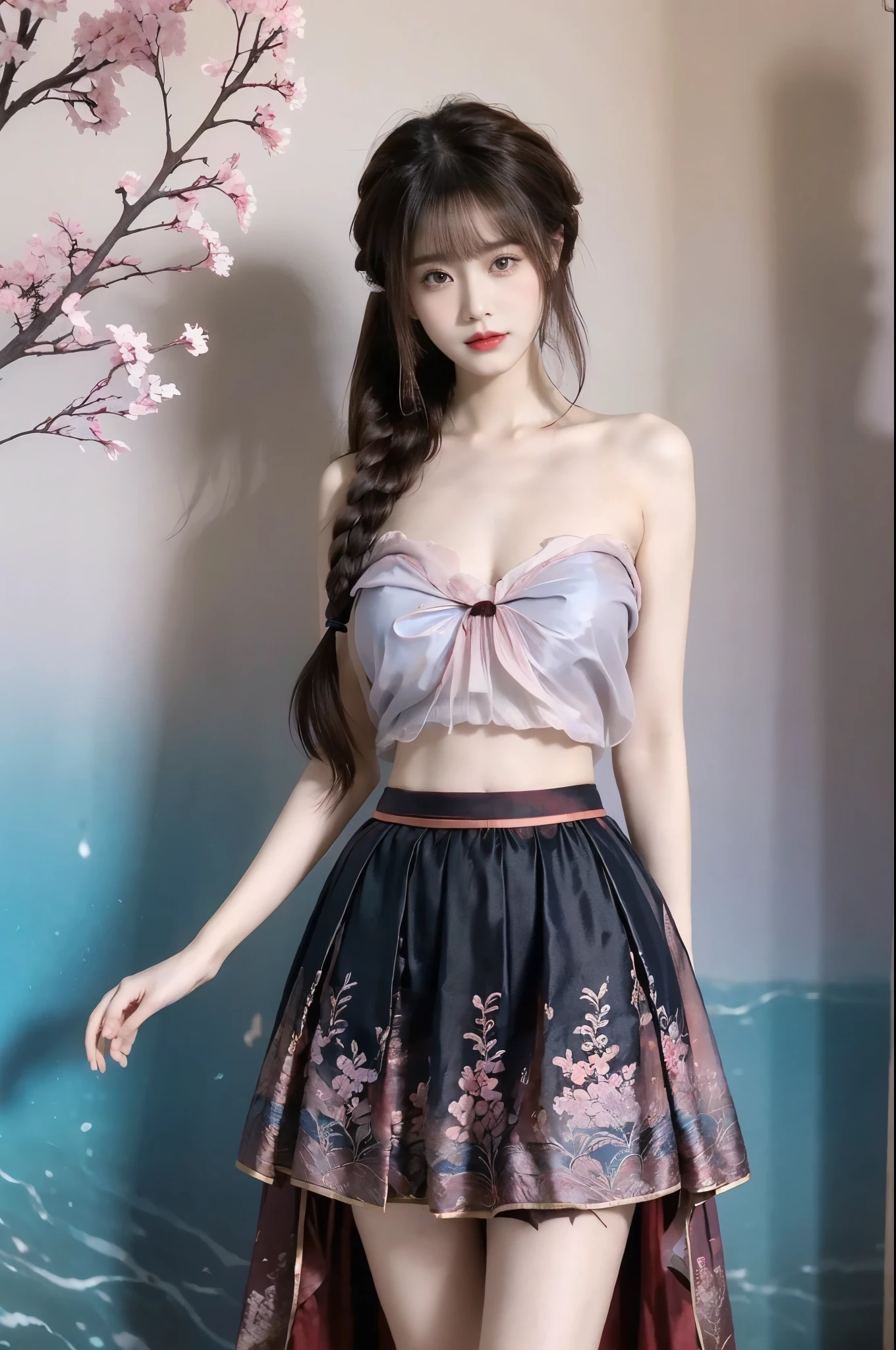 hanfu, Beauty, beautiful女人，Have a perfect body：1.4，Layered Hairstyle，Big breasts, Visible cleavage，Bare shoulders, Highly detailed face and skin texture，Double eyelids，Skin Whitening，Long hair，Whitening long legs，Standing by the sea, Fashion girl, Red lips, Sweet maiden, beautiful妆容, detail, lifelike, Very detailed, amazing, beautiful, Young and energetic, high quality，High Definition, rich and colorful，Exquisite, Smooth skin, The skirt is short, Lift the skirt with your hands, Elegant and charming posture, Official Art, Extremely detailed, Movie atmosphere, Soft colors, Natural skin texture,