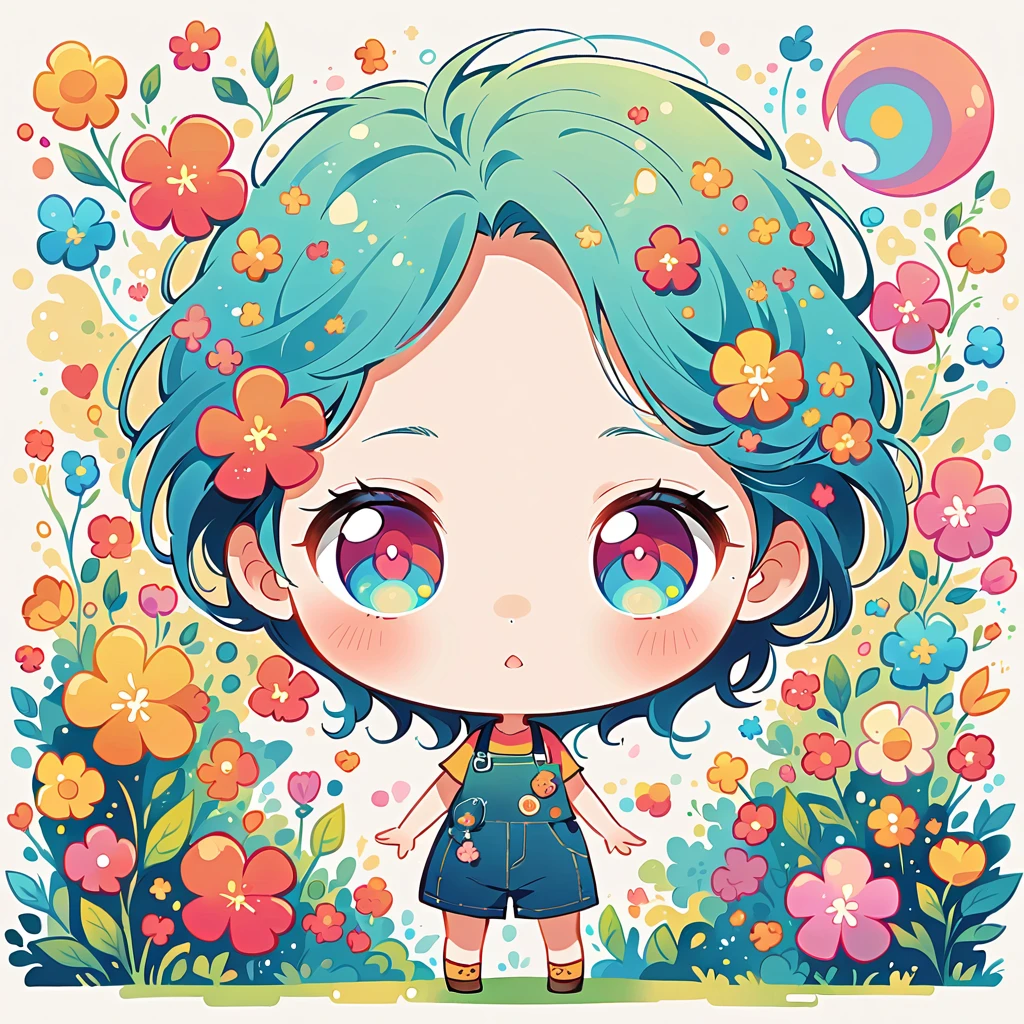 Watase Seizo style, Standing in front of a high wall,Simple Line Initialism,Abstract art, (((The most beautiful girl))), (((chibi))), colorful flowers, Cute animals in the forest