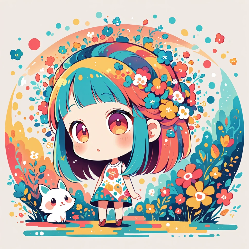Watase Seizo style, Standing in front of a high wall,Simple Line Initialism,Abstract art, (((The most beautiful girl))), (((chibi))), colorful flowers, Cute animals in the forest