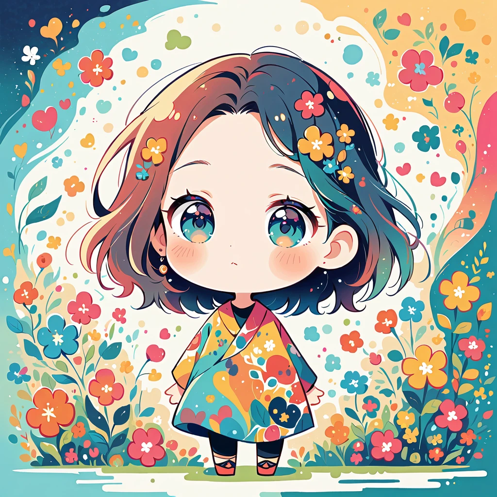 Watase Seizo style, Standing in front of a high wall,Simple Line Initialism,Abstract art, (((The most beautiful girl))), (((chibi))), colorful flowers, Cute animals in the forest