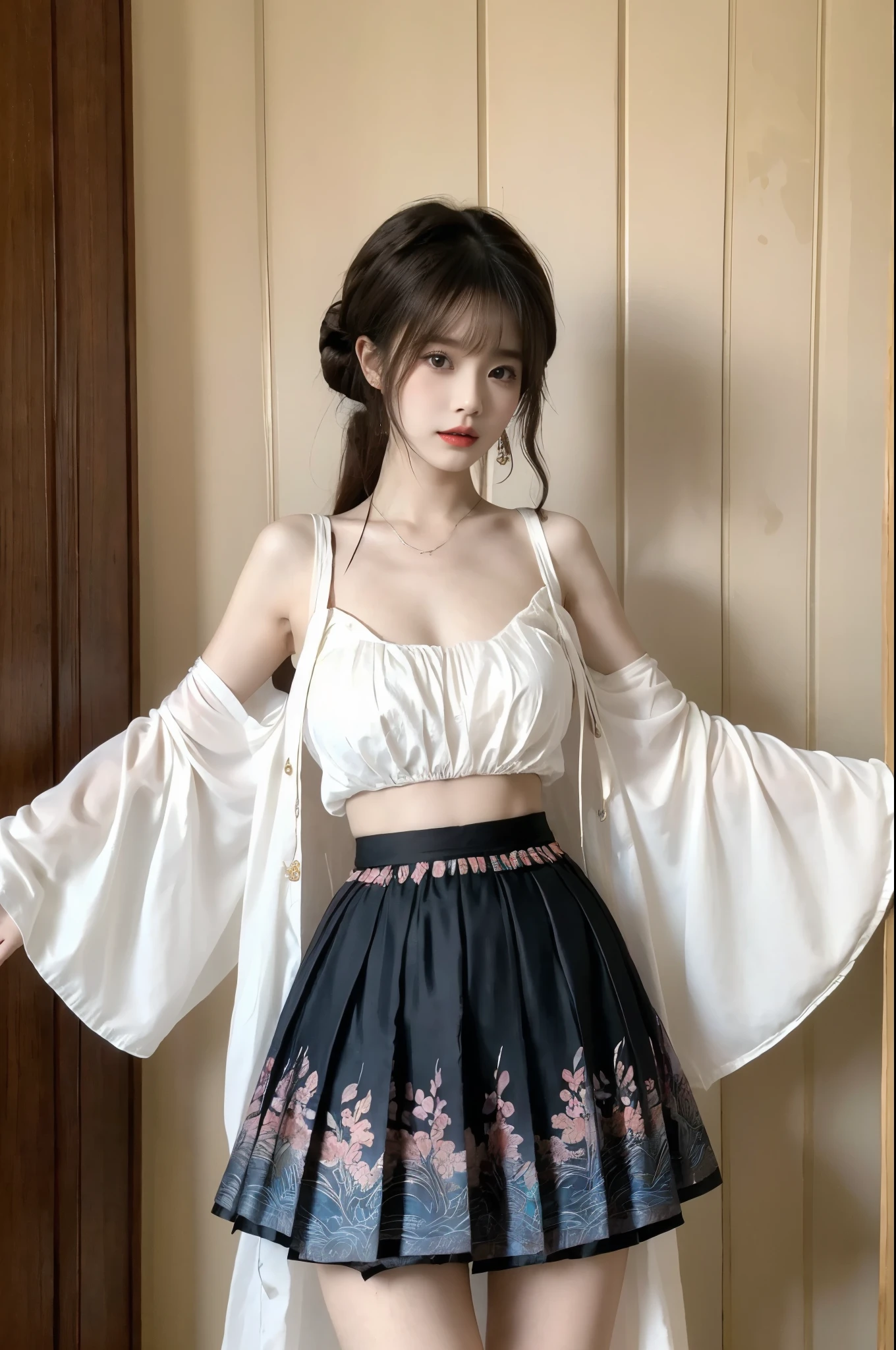 hanfu, Beauty, beautiful女人,Have a perfect body:1.4,Layered Hairstyle,Big breasts, Visible cleavage,Bare shoulders, Highly detailed face and skin texture,Double eyelids,Skin Whitening,Long hair,Whitening long legs,Standing by the sea, Fashion girl, Red lips, Sweet maiden, beautiful妆容, detail, lifelike, Very detailed, amazing, beautiful, Young and energetic, high quality,High Definition, rich and colorful,Exquisite, Smooth skin, The skirt is short, Lift the skirt with your hands, Elegant and charming posture, Official Art, Extremely detailed, Movie atmosphere, Soft colors, Natural skin texture,