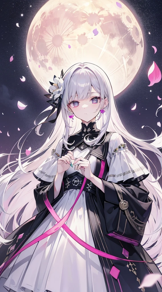 silver with pink undertone moon, pinky-silver moon, light night sky, bright sky at night, moon make sky bright as sun already rised, Relatively pale silver hair and clothes,Black and reddish purple clothes,and gold jewelry,
She is a very proud famous top model,
photo session of magazine cover
Hugh fashion model's photo session
lace ornaments, ornaments contain geometrical multicolored petals, outfit contains leather parts, lace parts, and minimalist monochrome parts, ideal colour palette got by professional desigber