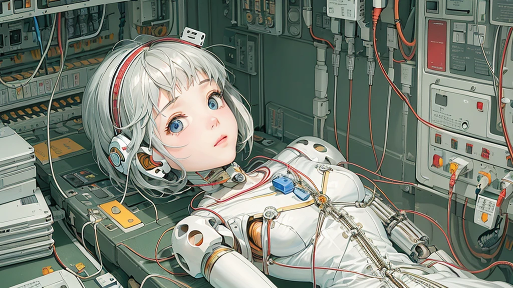 (((masterpiece))), (((highest quality))), ((Very detailed)), (Highly detailed CG illustrations), ((Very delicate and beautiful)),(Cute and delicate face),Light,((1. Machine Girl)),alone,whole body,(Machine made joints:1.4),((Mechanical Limbs)),(Muscles swell),(The vessel is connected to the tube),(Brain in a container:1.3),((Mechanical vertebrae attached to the back)),((Mechanical cervical spine attached to the neck)),((Sitting)),poker face,(Wires and cables attached to head and body:1.5),Small breasts,short hair,(Character Focus),sf,Lying down,Forehead out
