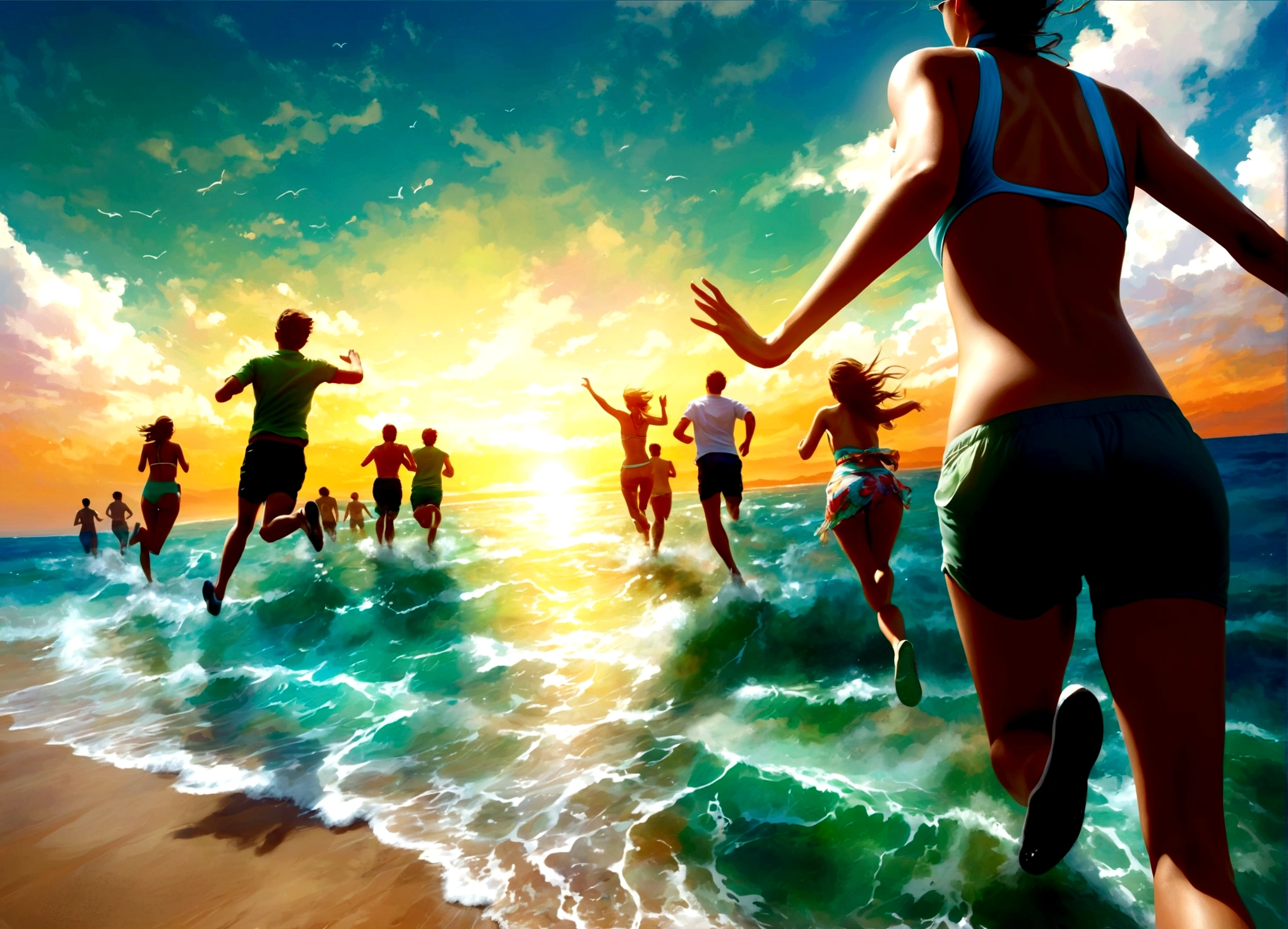 summer beach landscape photography,Beautiful sandy beach and emerald green sea,horizon,((A group of young people running towards the sea)),((Show your back: Rear view)),(Sprint towards the sea as fast as you can,I feel like jumping into the sea as soon as possible),fine,summer clothes,dynamic pose,dynamically,raise your hand,looks fun,anatomically correct,This is an image of the start of a fun summer.,Photoreal,realistic skin texture,draw hair delicately,Beautiful men and women,Men should be moderately muscular, women should have perfect proportions.,The sea surface sparkles reflecting the summer sunlight.,Contrail in the summer blue sky,(masterpiece:1.3),(highest quality:1.4),(ultra detailed:1.5),High resolution,extremely detailed,unity 8k wallpaper,rich colors,Summer color balance,perfect anatomy