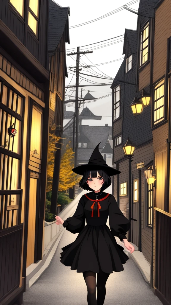 Ghibli-style animation. The Witch's Delivery Service. In the streets of Sweden. A girl. A black dress. Black hair. Short cut. A big red ribbon on her head. Cute face. Cute. High quality. 4K quality.