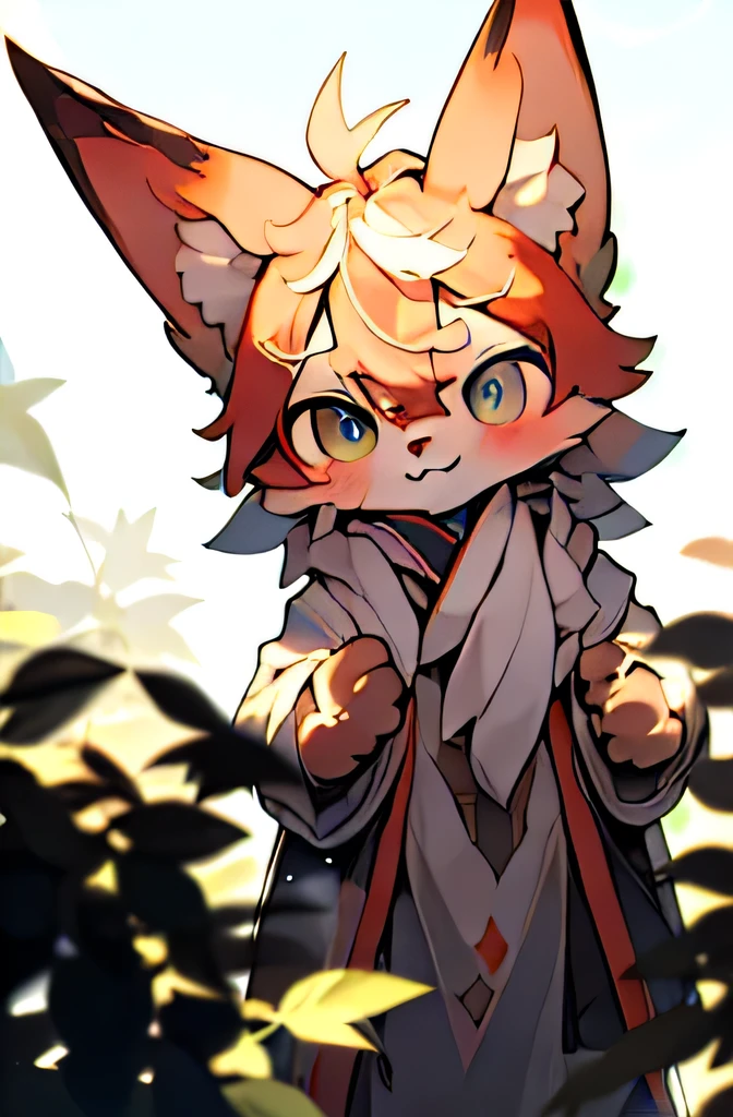 Depth of field, perfect lighting, Light particles,(Best quality),(ShedeVr),(ultra dehWosted),sharp focus,Light particles,  niji, eyesgod,  blush, brown_eyes, looking_V_side, neutral facial expression, One, fluffy, animal_ear_fluff, open_Apparel, hands behind your back, Upper body, Sun Ray, immediately