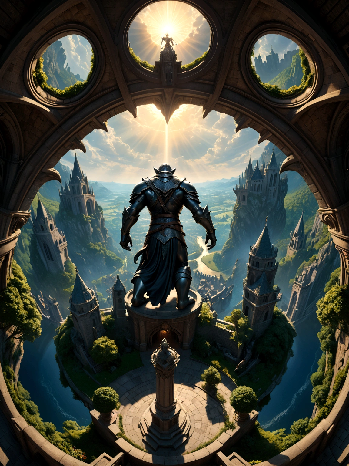 a view from the top of church of a fantasy medieval city, at night, standing behind the statue of a gargoyle on the roof, 16K, ultra detailed, masterpiece, best quality, (extremely detailed), arafed, dnd art, god rays, cinematic lighting, glowing light, silhouette, from outside, photorealism, panoramic view (Masterpiece, intense details: 1.5) , Wide-Angle, Ultra-Wide Angle,