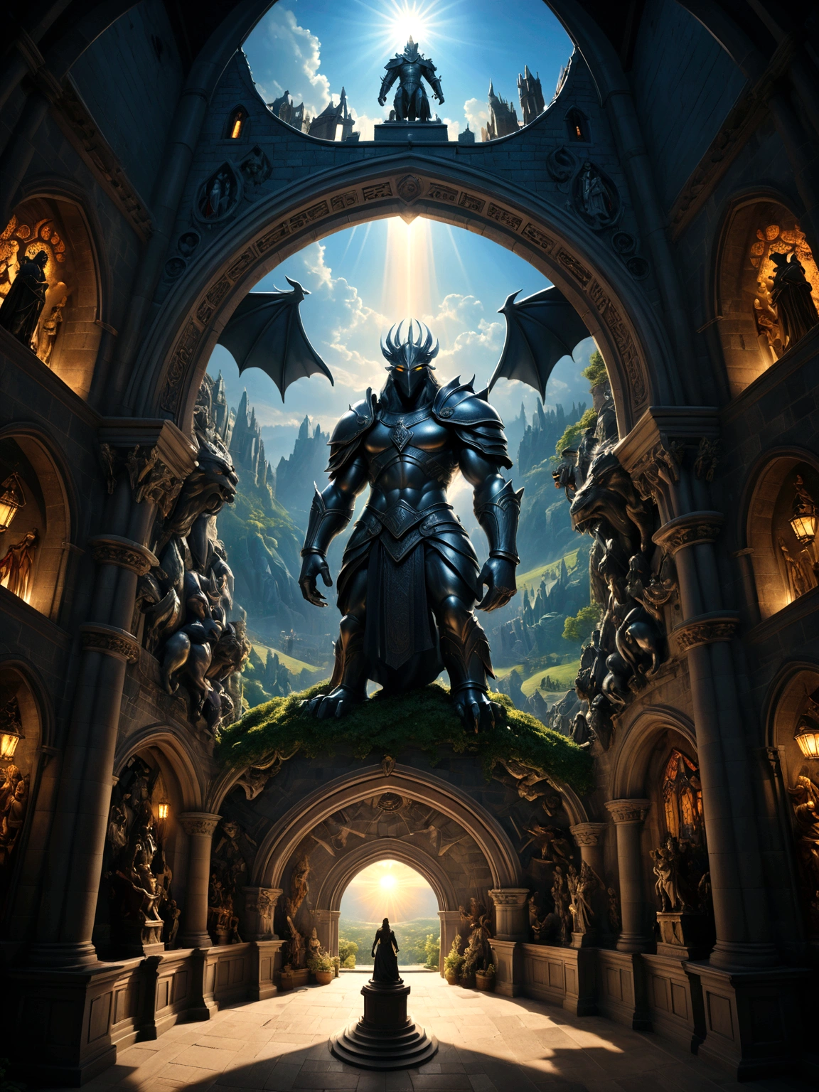 a view from the top of church of a fantasy medieval city, at night, standing behind the statue of a gargoyle on the roof, 16K, ultra detailed, masterpiece, best quality, (extremely detailed), arafed, dnd art,  god rays, cinematic lighting, glowing light, silhouette, from outside, photorealism, panoramic view (Masterpiece, intense details: 1.5) , Wide-Angle, Ultra-Wide Angle, 