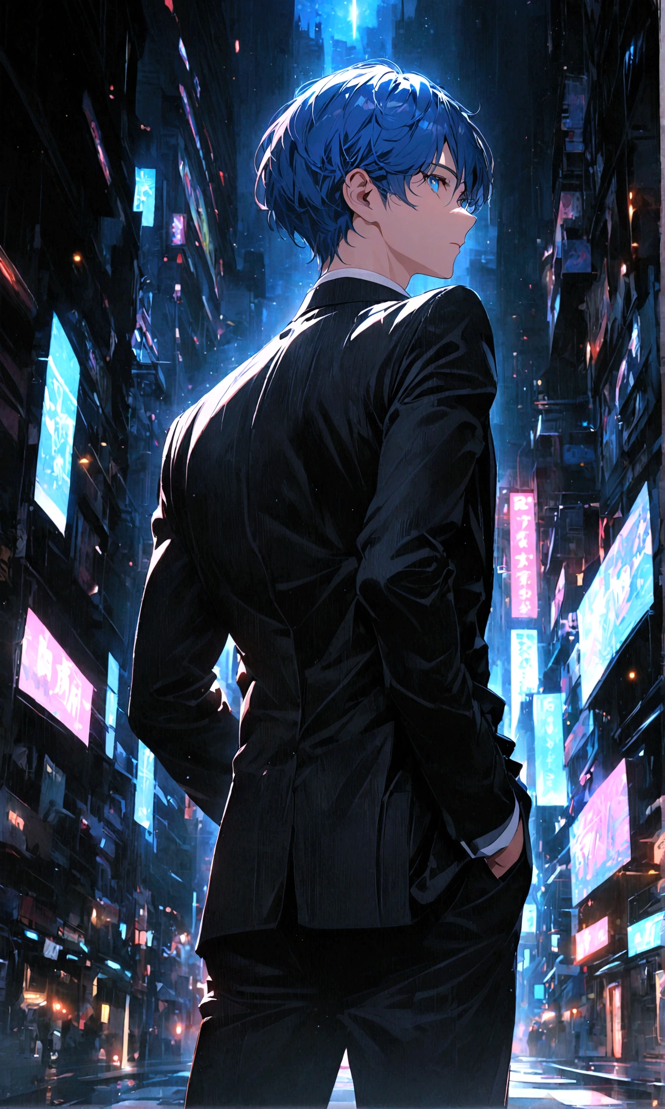 A man with blue hair and blue eyes in a black suit stood alone with his back turned halfway in the middle of the city at night.