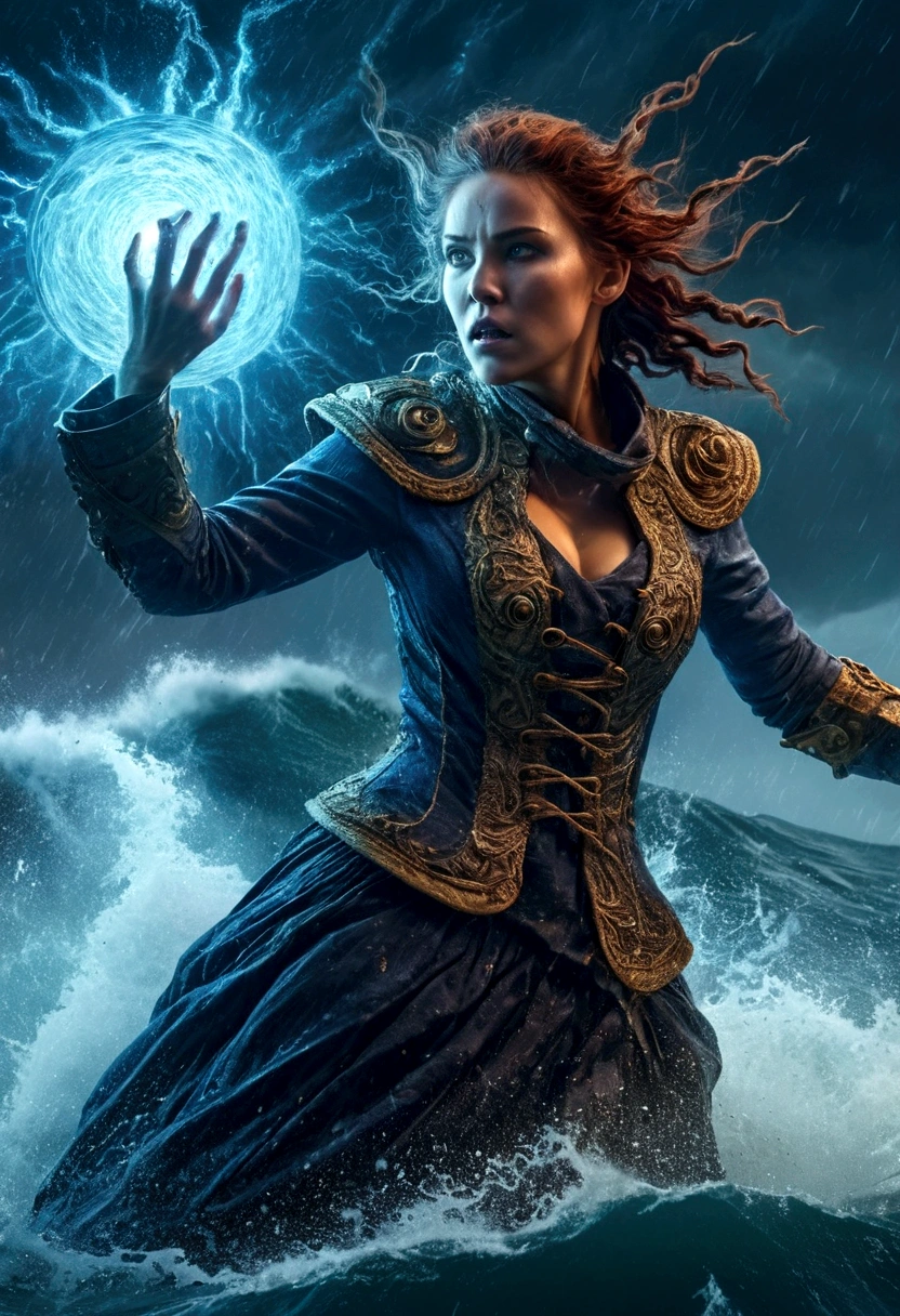 lady Kraken in stunning movement, wrath expression punching a vessel-boat as nebula explosion, face-skin is made from scale, face focus,   high tide, thunder-storm background, ultra shots photographic, hyper detailed, ultra-speed shot, dimmed light, UHD, 16k, epicrealism, masterpiece, perfect image, perfect color.