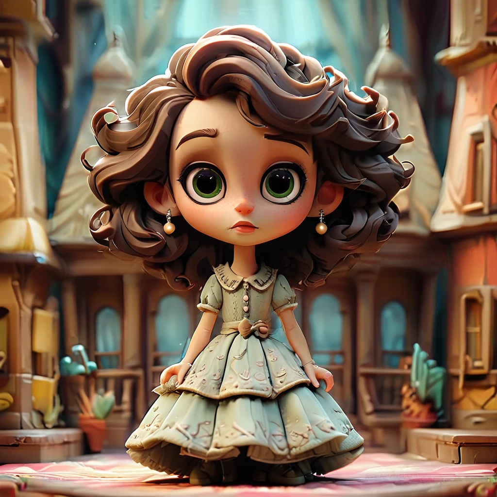 ((super detailed, top quality)), beautiful girl, (well-groomed facial features), full body, chibi doll, close-up, smile, long hair, vintage, gorgeous dress with jewelry, palace saloon, ballroom background, dressed people, digital art, vector, rendering, sensitive color tone, sharp focus, warm lighting, masterpiece