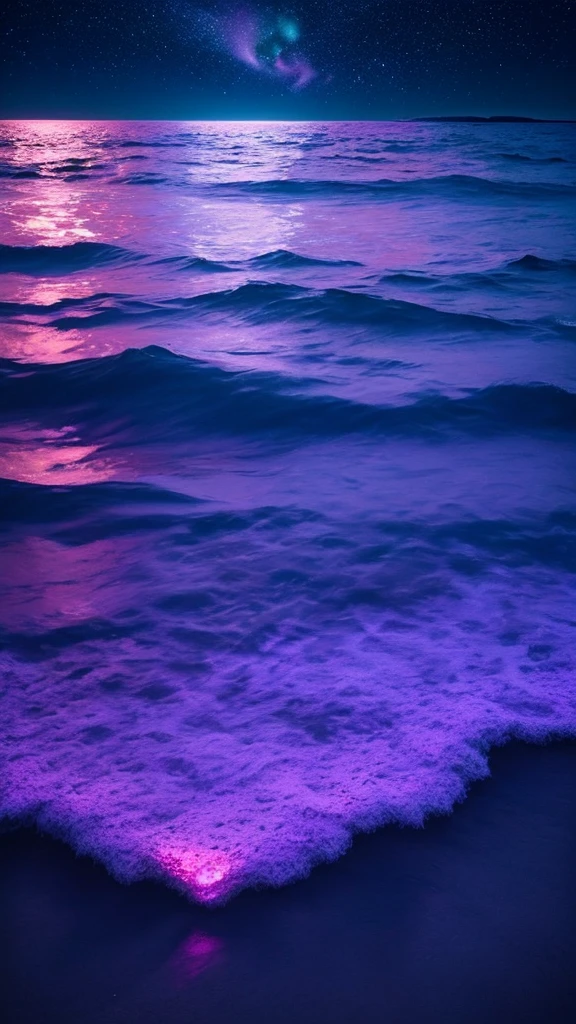 bioluminescent stars in the sky, pink half moon, touquois sky, soft cotton clouds, tourqouis ocean waves, shiny, purple water, galaxy, complementing lighting