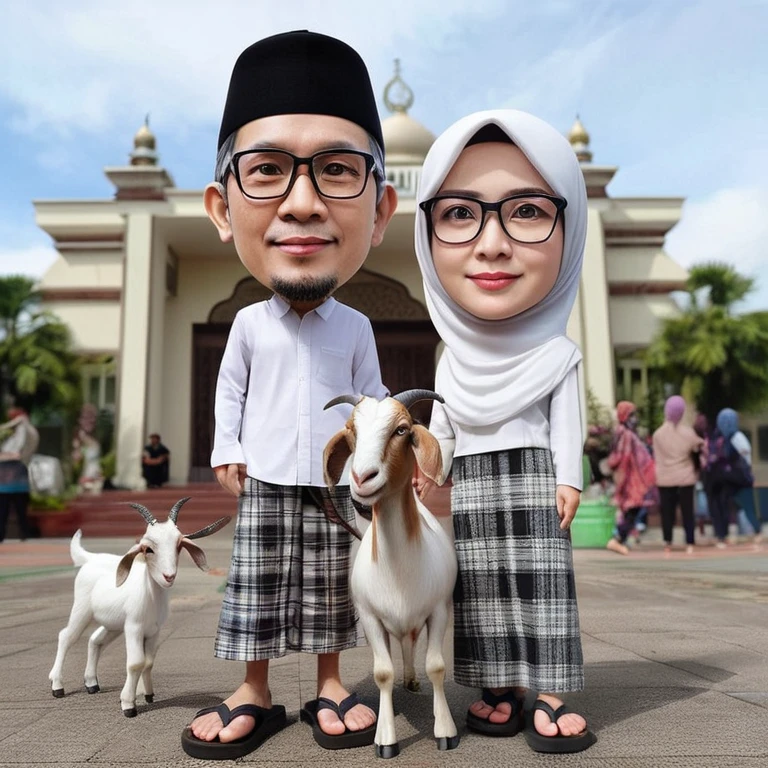 Real realistic 4D caricature photo, big head, full body, photo of a couple with Asian faces, adult male, 50 years old, thin body,clean face, clear glasses, 1wearing a black skullcap,, wearing a white Koko Muslim shirt, flannel patterned sarong, flip-flops,shoes, adult woman, 40 years old, wearing the hijab, wearing a white Muslim robe, standing in a pose facing the front while leading a goat , with the front yard of the mosque in the background.