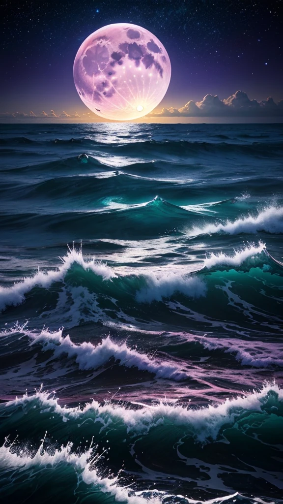 bioluminescent stars in the sky, pink half moon, touquois sky, soft cotton clouds, tourqouis ocean waves, shiny, purple water, galaxy, complementing lighting