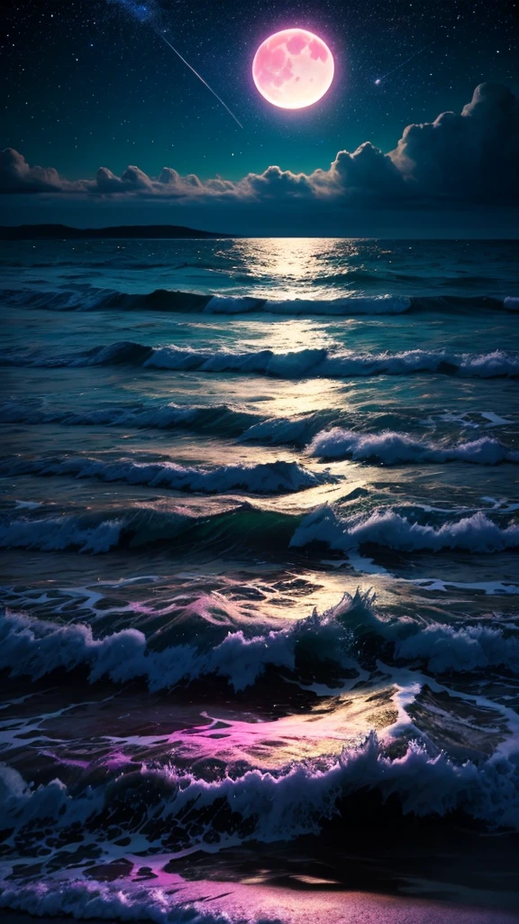 bioluminescent stars in the sky, pink half moon, touquois sky, soft cotton clouds, tourqouis ocean waves, shiny, purple water, galaxy, complementing lighting