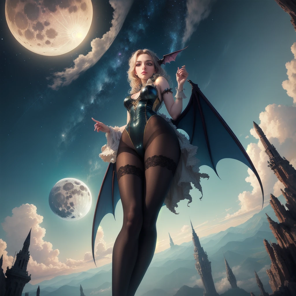 Succubus, an ethereal beauty, perches on a cloud in this fantasy illustration. Her enchanting gaze draws the viewer in, while her leotard, pantyhose, and stockings accentuate her captivating pose. Delicate wings and an otherworldly charm add to her allure, set against a mystical sky and a large moon. The moonlit night and soft colors create a dreamy atmosphere, while the detailed cloudscape and high-resolution image quality bring the scene to life. The perspective from below adds to the sense of awe and wonder.