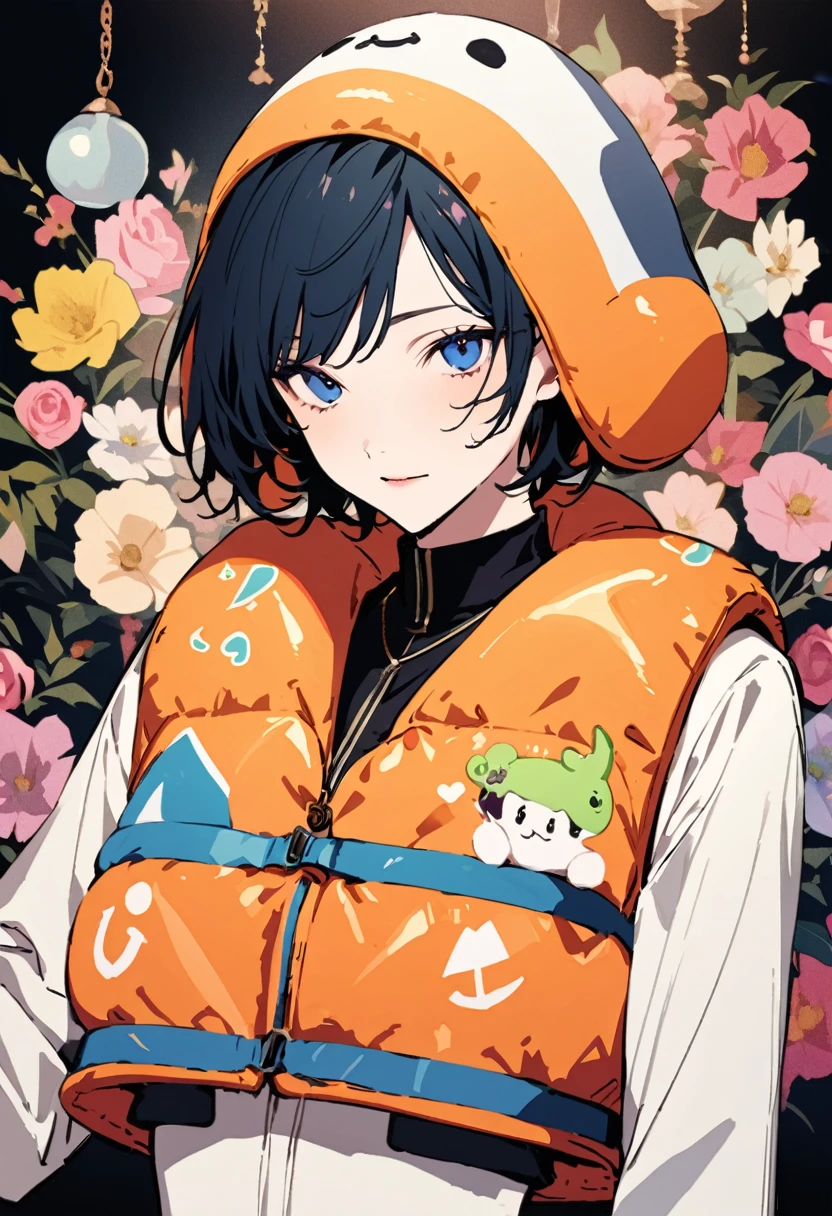 masterpiece, highest quality, Illustration of the novel, High resolution, 18+ Adult content, Sensual, Intimate, Emotional, Passionate, romantic, sweet, Adorable, Innocent, Pure, Charmな, Charmな, Charm, Mysterious, Charmな, Charmな, Immersive, Charmな, dream-like, Surreal, Imaginative, Whimsical, artistic, Avant-garde, timeless, elegant, Sophisticated, chic, Sophisticated, personality, original, Charmな,((life vest,inflatable vest:1.3))、((Upper Body:1.3))