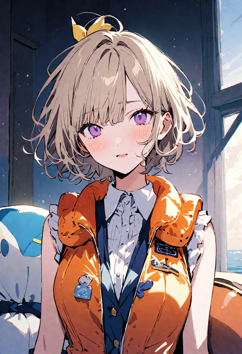 masterpiece, highest quality, Illustration of the novel, High resolution, 18+ Adult content, Sensual, Intimate, Emotional, Passionate, romantic, sweet, Adorable, Innocent, Pure, Charmな, Charmな, Charm, Mysterious, Charmな, Charmな, Immersive, Charmな, dream-like, Surreal, Imaginative, Whimsical, artistic, Avant-garde, timeless, elegant, Sophisticated, chic, Sophisticated, personality, original, Charmな,((life vest,inflatable vest:1.3))、((Upper Body:1.3))