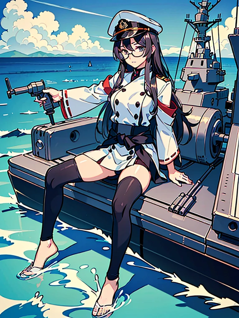 ((((Full body of a woman with perfect flat chest、Short, unkempt black hair、white military jacket、Miko costume、tights、Black glasses、White military cap、Cloudy eyes、Sleepy expression)))), (((masterpiece))), (((Shipgirl))), (Another woman hugging、Long purple hair、Messy Hair、Big Breasts、Miko costume), ((Floating on the morning sea with both feet)), (Spread your legs wide open), (Holding a spear in his right hand), (Mechanical arms extending from the waist are used to equip the ship with battleship equipment.), (Equipped with a turret on the back), (Holds the turret with his left arm), Torpedo tubes on thighs, Spreading the Machine's Wings, Machine tail, shotgun,