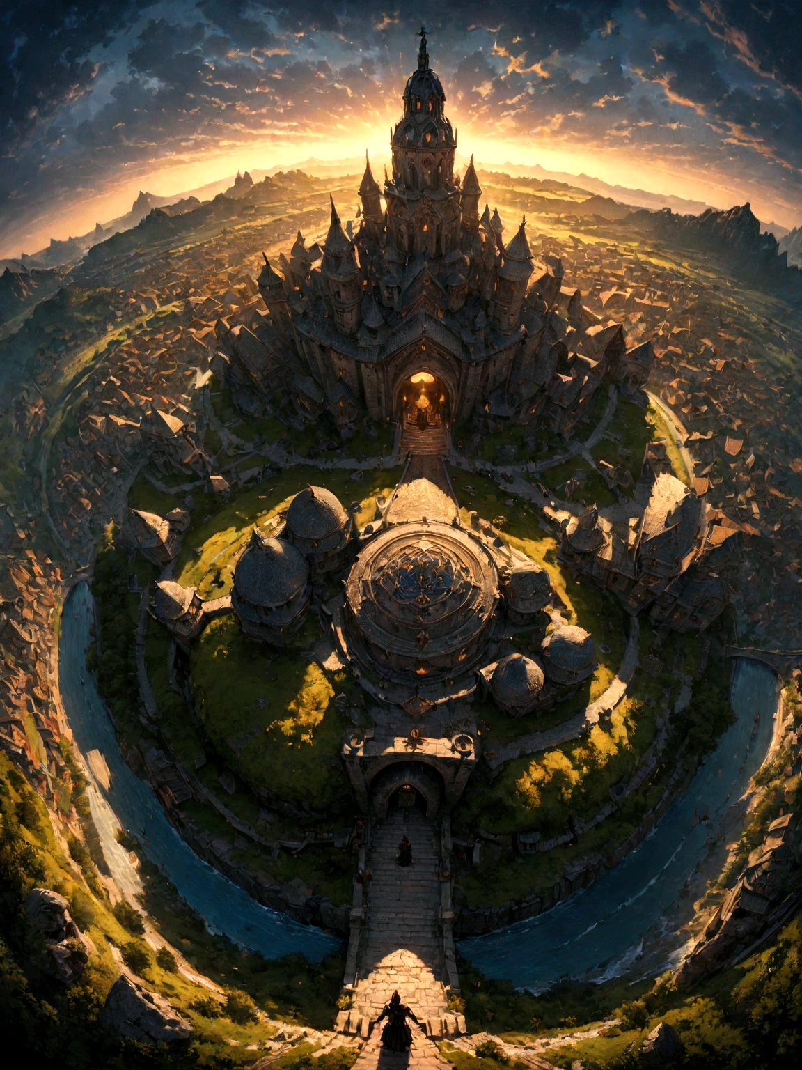 a view from the top of church of a fantasy medieval city, at night, standing behind the statue of a gargoyle on the roof, 16K, ultra detailed, masterpiece, best quality, (extremely detailed), arafed, dnd art, god rays, cinematic lighting, glowing light, silhouette, from outside, photorealism, panoramic view (Masterpiece, intense details: 1.5) , Wide-Angle, Ultra-Wide Angle,