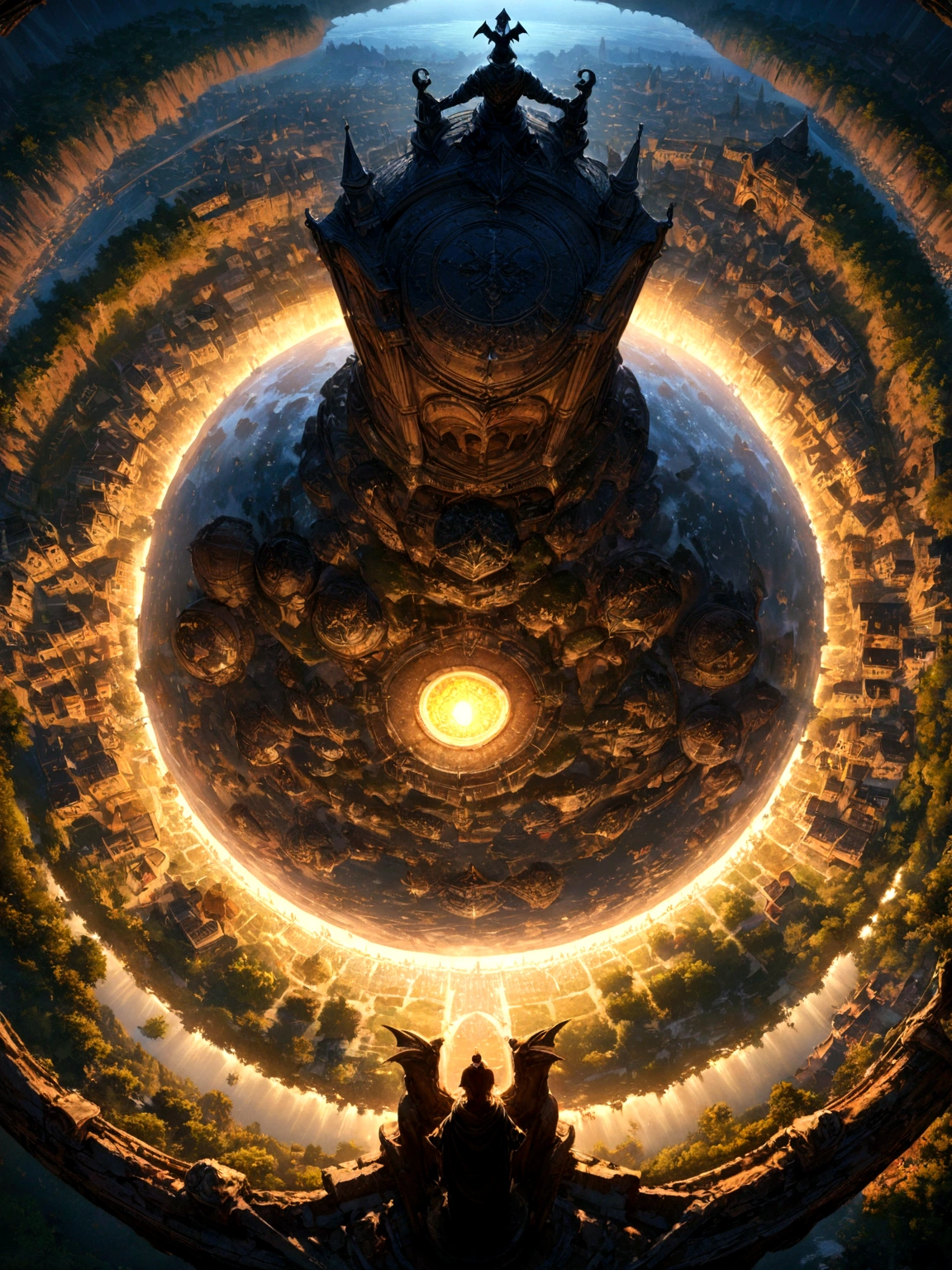 a view from the top of church of a fantasy medieval city, at night, standing behind the statue of a gargoyle on the roof, 16K, ultra detailed, masterpiece, best quality, (extremely detailed), arafed, dnd art,  god rays, cinematic lighting, glowing light, silhouette, from outside, photorealism, panoramic view (Masterpiece, intense details: 1.5) , Wide-Angle, Ultra-Wide Angle, 