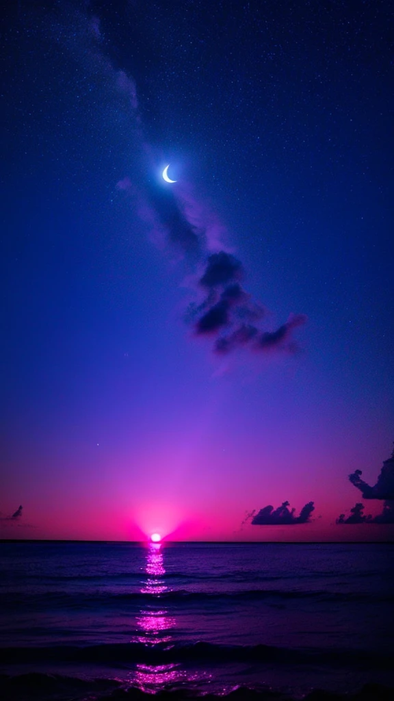 bioluminescent stars in the sky, pink half moon, touquois sky, soft cotton clouds, tourqouis ocean waves, shiny, purple water, galaxy, complementing lighting