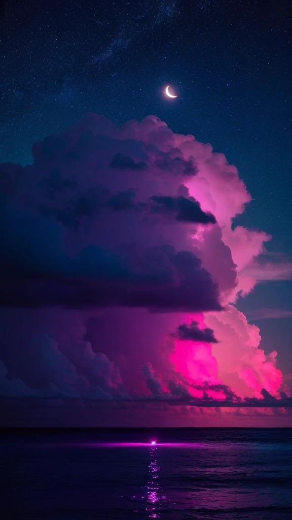 bioluminescent stars in the sky, pink half moon, touquois sky, soft cotton clouds, tourqouis ocean waves, shiny, purple water, galaxy, complementing lighting