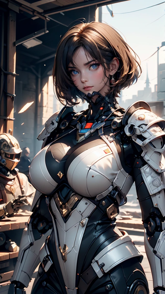 (((A fusion of medieval knights and machines)))、 One Mature Woman,High resolution,((Like the picture))、((High quality))、((8K)) ,(masterpiece:1.2), (((Intricately patterned armor)))、(masterpiece:1.2,high quality), 、(((Big Breasts)))、(((Large Breasts)))、One Girl, ((Ultra-Realistic Details)), Global Illumination, Shadow, Unreal Engine, Octane Rendering, 8k, Ultra Sharp, Metal, complicated, Decorations detailed, highly complicated details, Yellow Eyes, (Mechanical body:1.2), Gray Hair, (Black gas mask), Device, Bobcut, Hundreds of wires, Terran, (robot, Android:1.15), Apocalypse, Broken Building