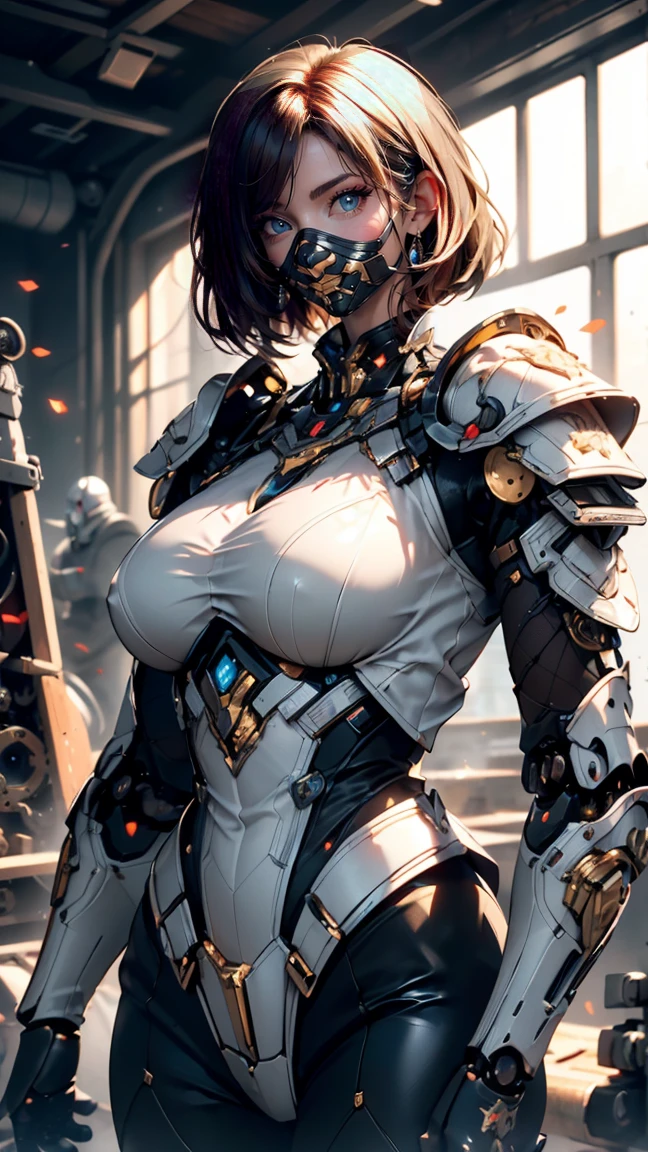 (((A fusion of medieval knights and machines)))、 One Mature Woman,High resolution,((Like the picture))、((High quality))、((8K)) ,(masterpiece:1.2), (((Intricately patterned armor)))、(masterpiece:1.2,high quality), 、(((Big Breasts)))、(((Large Breasts)))、One Girl, ((Ultra-Realistic Details)), Global Illumination, Shadow, Unreal Engine, Octane Rendering, 8k, Ultra Sharp, Metal, complicated, Decorations detailed, highly complicated details, Yellow Eyes, (Mechanical body:1.2), Gray Hair, (Black gas mask), Device, Bobcut, Hundreds of wires, Terran, (robot, Android:1.15), Apocalypse, Broken Building