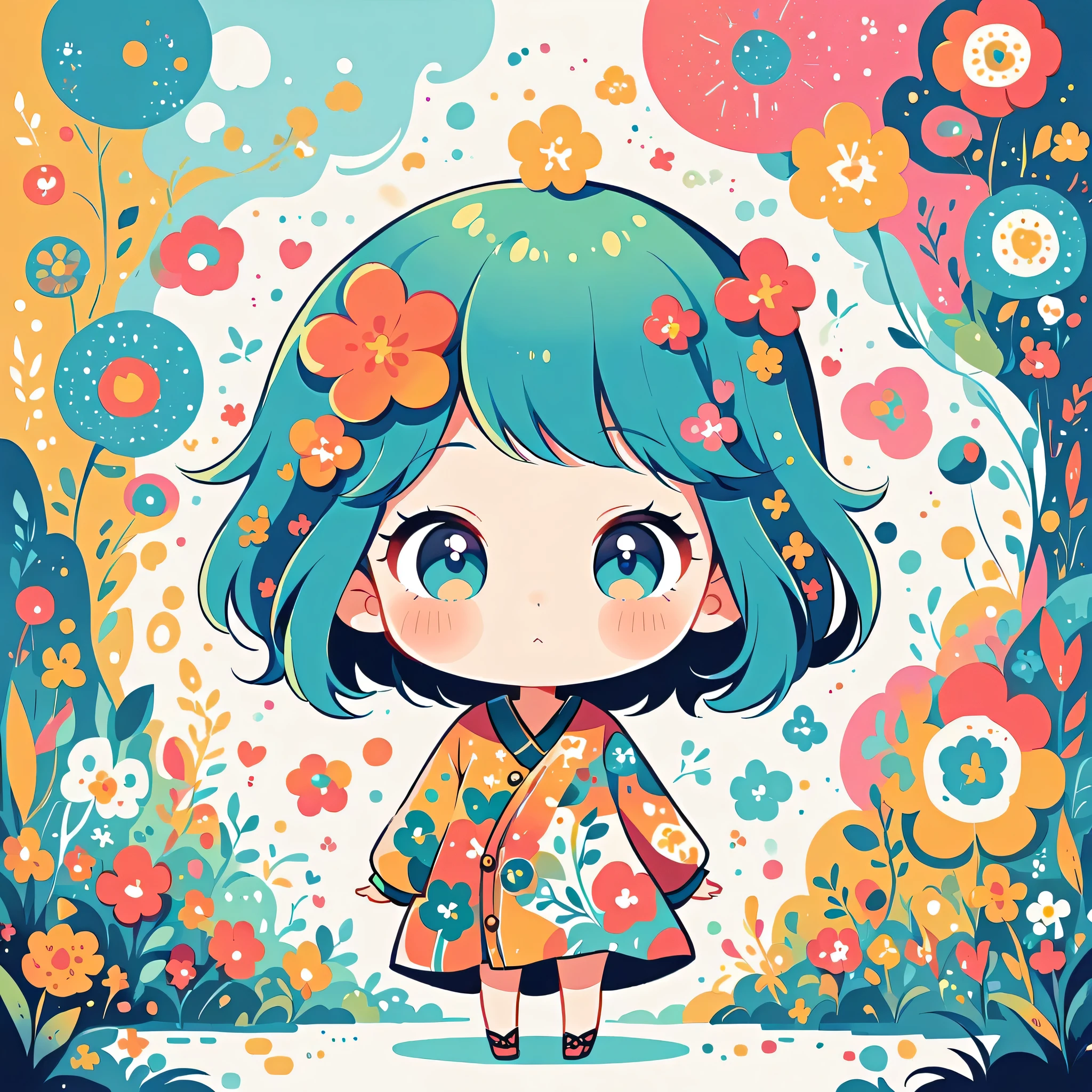 Watase Seizo style, Standing in front of a high wall,Simple Line Initialism,Abstract art, (((The most beautiful girl))), (((chibi))), colorful flowers, Cute animals in the forest