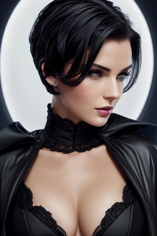 Gorgeous european woman with very short hair, short hair, wet hair, hair slicked back, combed straight back, slick hair, streaked black hair, seductive, disney princess snow white, cleavage, solid dark grey background