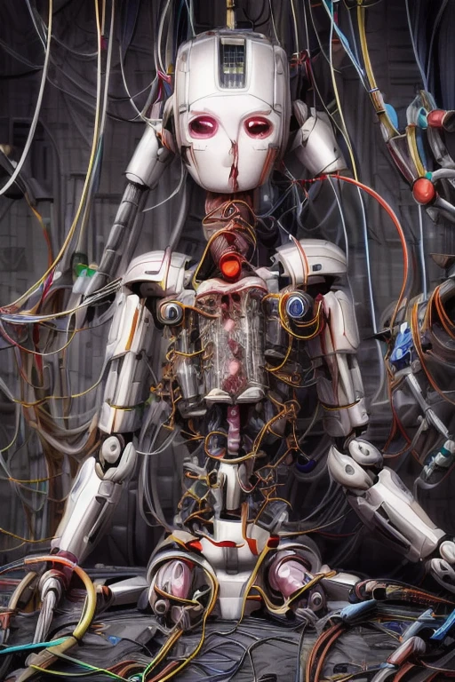 (((masterpiece))), (((highest quality))), ((Super detailed)), (Highly detailed CG illustrations), ((Very delicate and beautiful)),(Cute and delicate face),Cinematic Light,((1. Machine Girl)),alone,whole body,(Machine made joints:1.4),((Mechanical limbs)),(Blood vessels connected to tubes),((Mechanical vertebrae attached to the back)),((Cervical vertebrae mechanically attached to the neck)),((Sitting)),Expressionless,(Wires and cables connecting the head and body:1.5),(Character Focus),SF