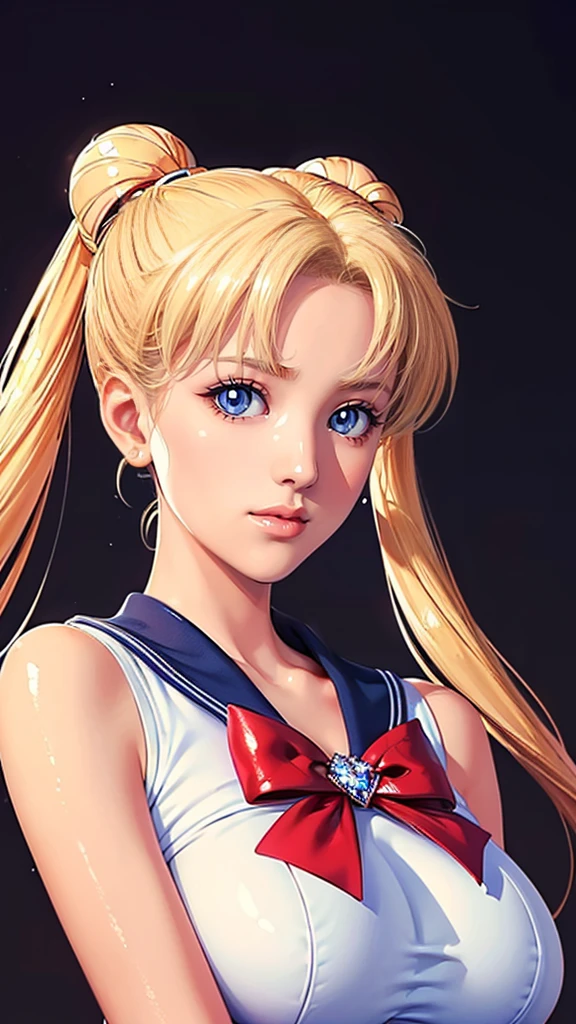 (((Perfect body,White and tender skin,(((Blue and white sailor suit, black high heels, and a bright red bow on the chest))),(((SMUsagiTsukino,Slender and soft golden hair, crystal clear and delicate skin, bright blue big eyes, thin cherry colored lips,,))),((masterpiece)),highres,((Best quality at best)),masterpiece,quality,Best quality,((( Exquisite facial features,Looking at the audience,There is light in the eyes,(((lol,happy))),))),(((Light and shadow,Huge breasts,))),(((Looking at the camera,black background,))))